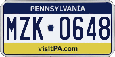 PA license plate MZK0648
