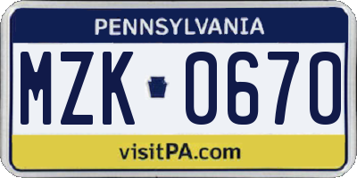 PA license plate MZK0670