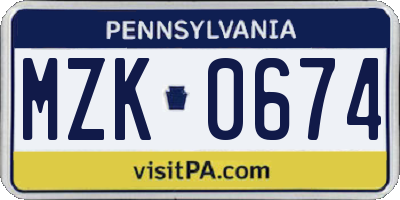PA license plate MZK0674