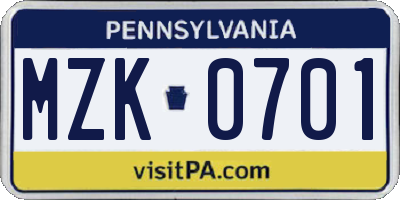 PA license plate MZK0701