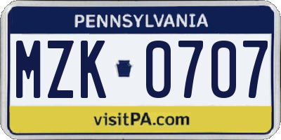 PA license plate MZK0707