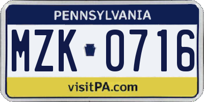 PA license plate MZK0716