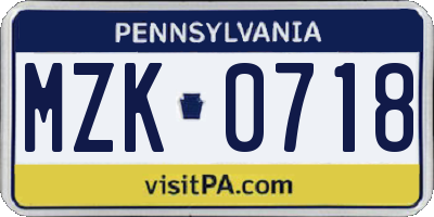 PA license plate MZK0718