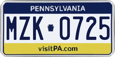 PA license plate MZK0725