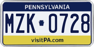 PA license plate MZK0728