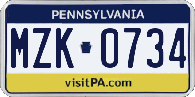 PA license plate MZK0734