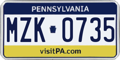 PA license plate MZK0735