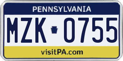 PA license plate MZK0755