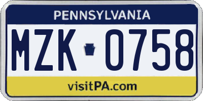 PA license plate MZK0758