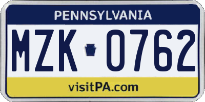 PA license plate MZK0762