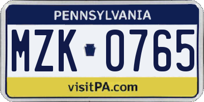 PA license plate MZK0765