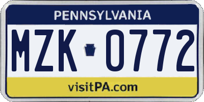 PA license plate MZK0772