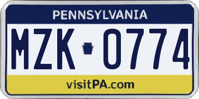 PA license plate MZK0774