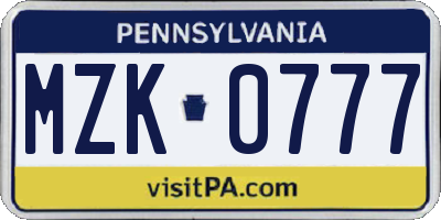 PA license plate MZK0777