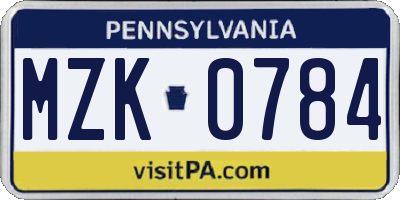 PA license plate MZK0784