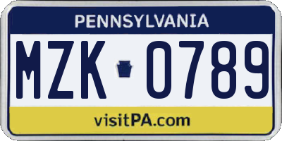 PA license plate MZK0789
