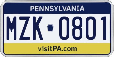 PA license plate MZK0801
