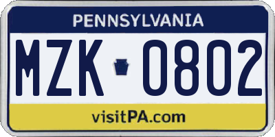 PA license plate MZK0802