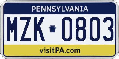PA license plate MZK0803