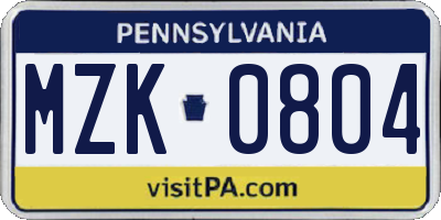 PA license plate MZK0804