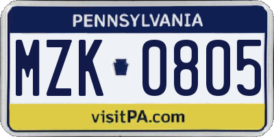 PA license plate MZK0805