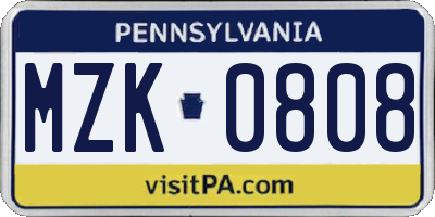 PA license plate MZK0808