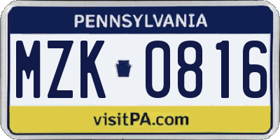 PA license plate MZK0816