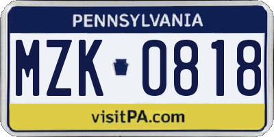 PA license plate MZK0818