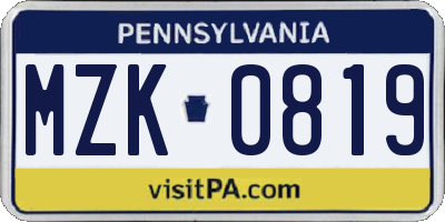 PA license plate MZK0819
