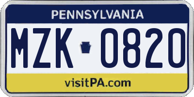 PA license plate MZK0820
