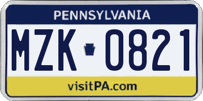 PA license plate MZK0821