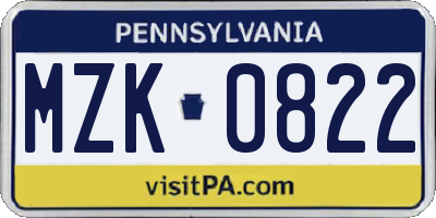 PA license plate MZK0822