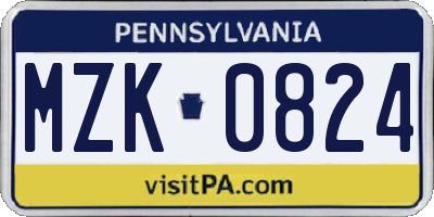 PA license plate MZK0824