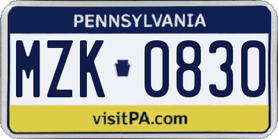 PA license plate MZK0830