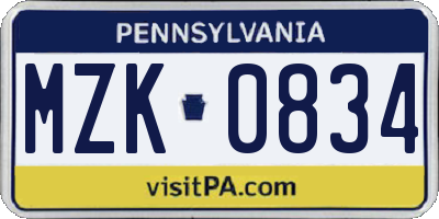 PA license plate MZK0834
