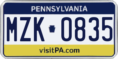 PA license plate MZK0835