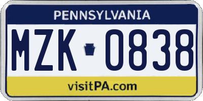 PA license plate MZK0838