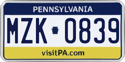 PA license plate MZK0839