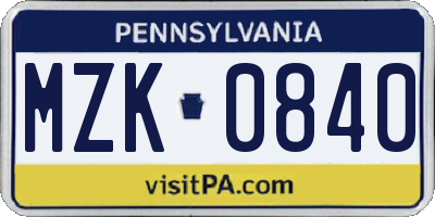 PA license plate MZK0840