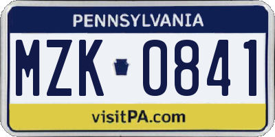 PA license plate MZK0841