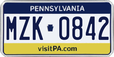 PA license plate MZK0842