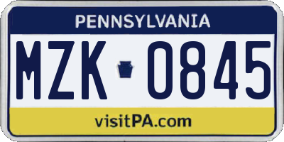 PA license plate MZK0845