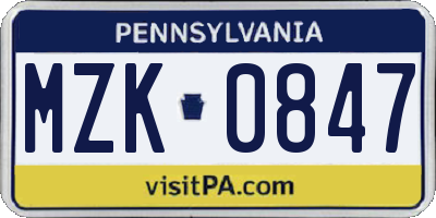 PA license plate MZK0847