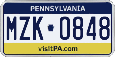 PA license plate MZK0848