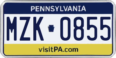 PA license plate MZK0855