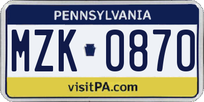 PA license plate MZK0870