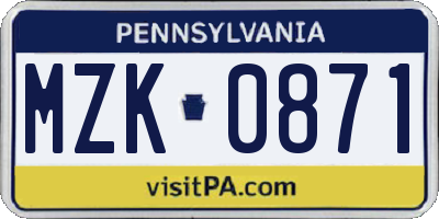 PA license plate MZK0871