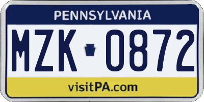PA license plate MZK0872