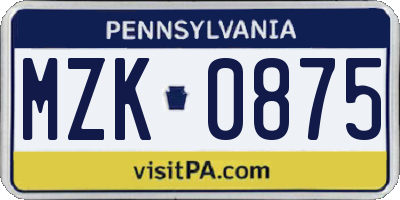 PA license plate MZK0875