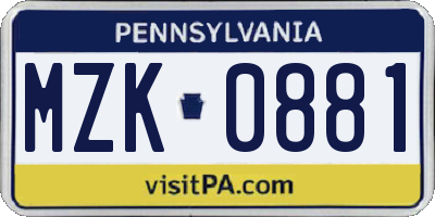 PA license plate MZK0881